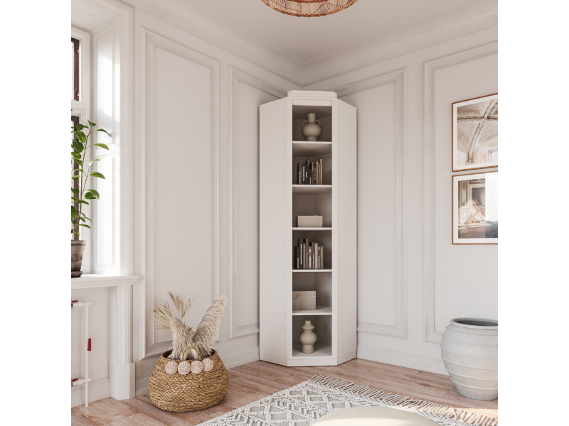 Estante de Canto em Madeira Maciça – Acabamento na cor branco lavado | Coleção Biblioteca